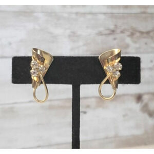 Vintage Screw On / Screw Back Earrings Fancy Gold Tone with Clear Gem Trio